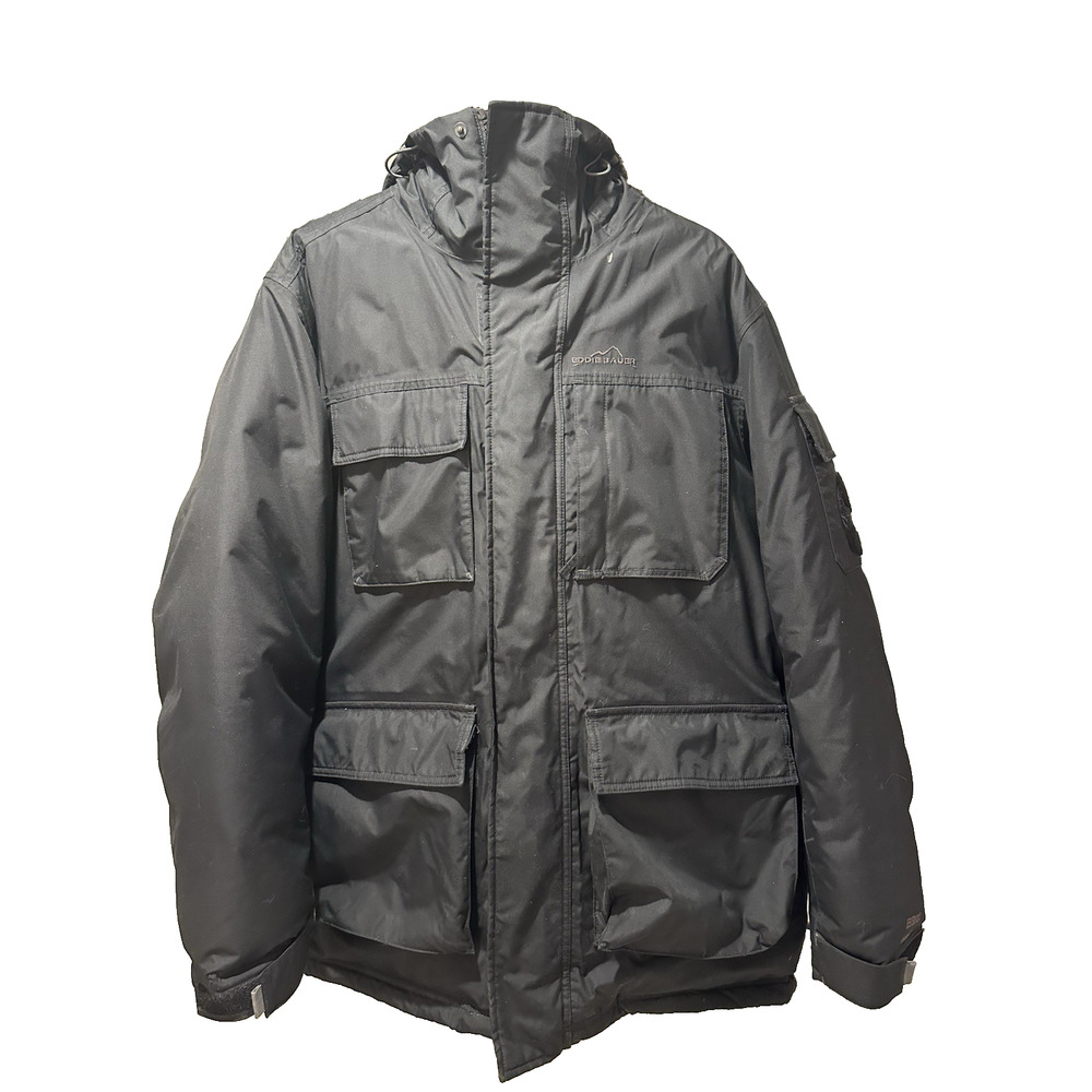 Eddie Bauer EB600 Men's Large Down Parka Black WeatherEdge Goose Hooded Winter